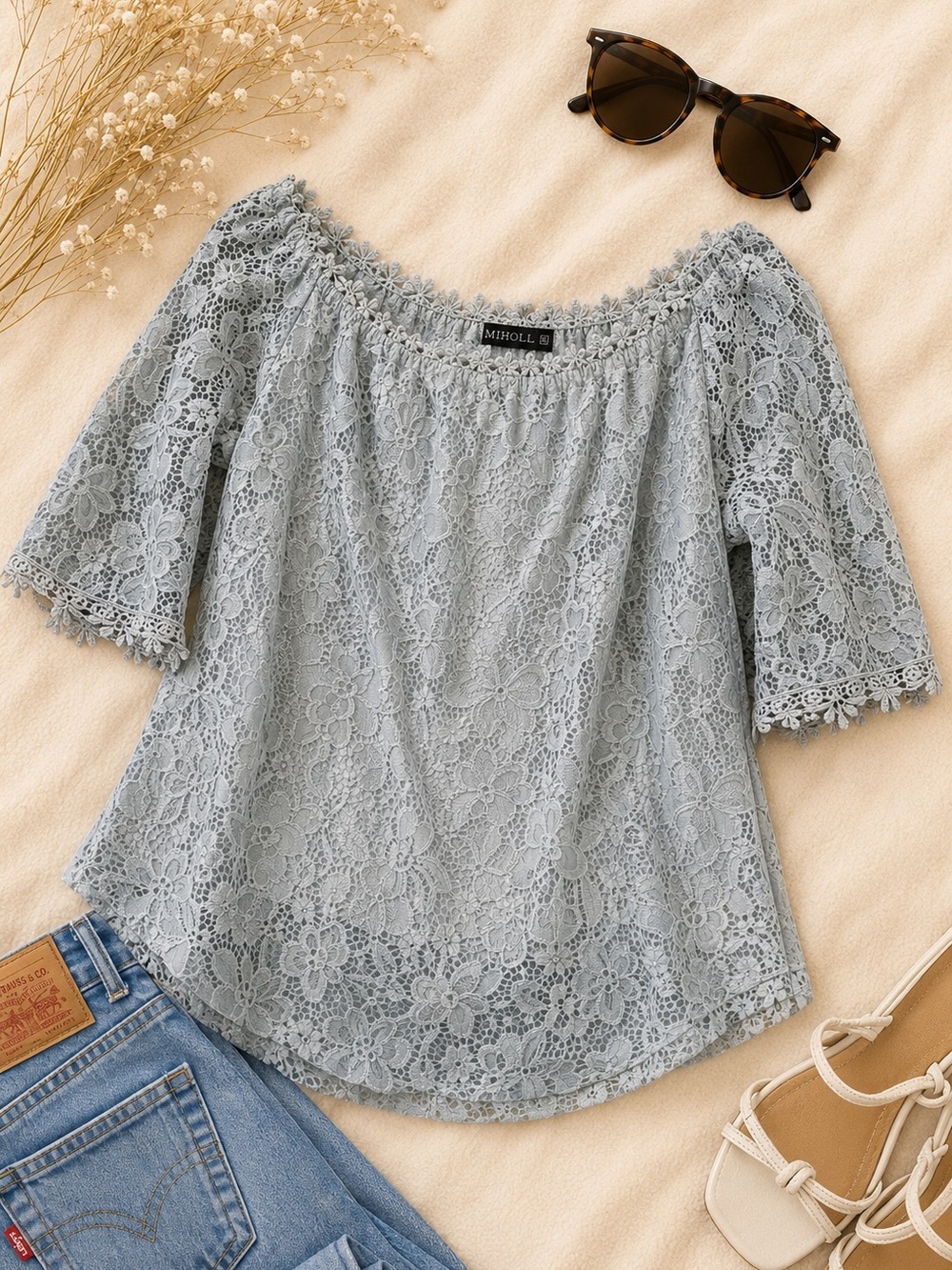 Off Shoulder Lace Blouse Gray Blue Floral Romantic Boho Top XL